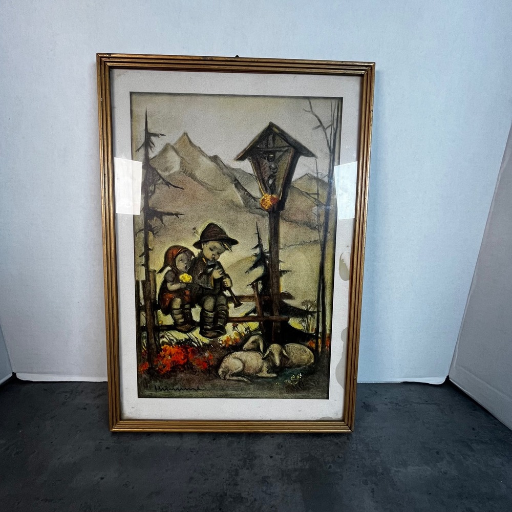 Vintage Hummel Framed‎ Art Print Children with Sheep Mountains Gold Frame